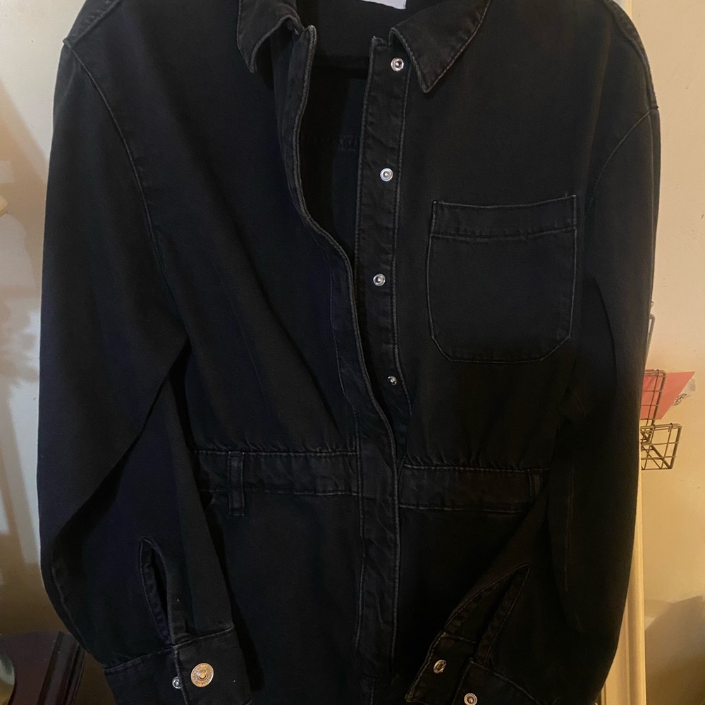 Denim Jumpsuit Romper Distressed Dark Denim, Size Medium